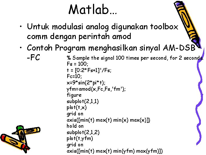 Matlab… • Untuk modulasi analog digunakan toolbox comm dengan perintah amod • Contoh Program