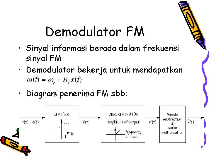 Demodulator FM • Sinyal informasi berada dalam frekuensi sinyal FM • Demodulator bekerja untuk