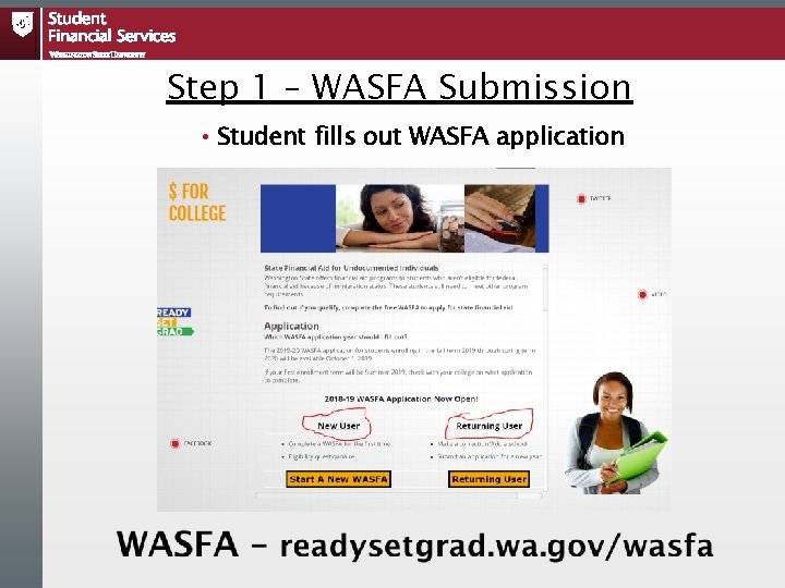 Step 1 – WASFA Submission • Student fills out WASFA application Step 1 – WASFA Submission • Student fills out WASFA application