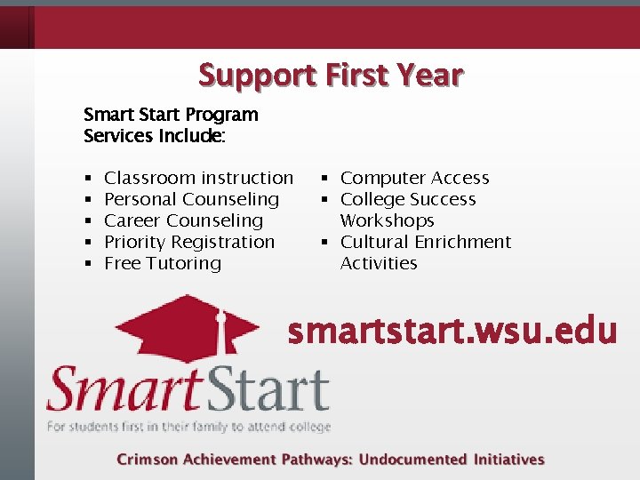 Support First Year Smart Start Program Services Include: § § § Classroom instruction Personal Support First Year Smart Start Program Services Include: § § § Classroom instruction Personal