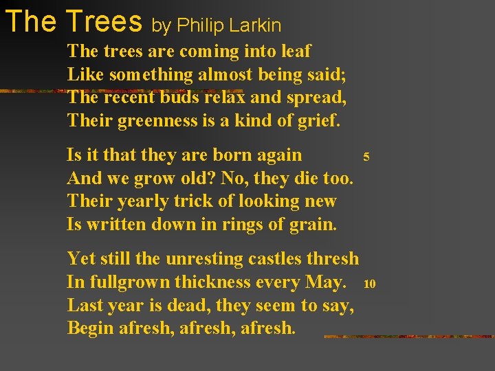 The Trees by Philip Larkin The trees are coming into leaf Like something almost