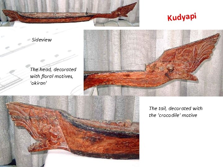 Kudyapi Sideview The head, decorated with floral motives, 'okiran' The tail, decorated with the