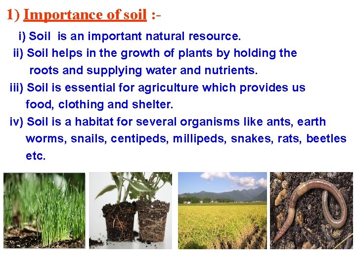 1) Importance of soil : i) Soil is an important natural resource. ii) Soil