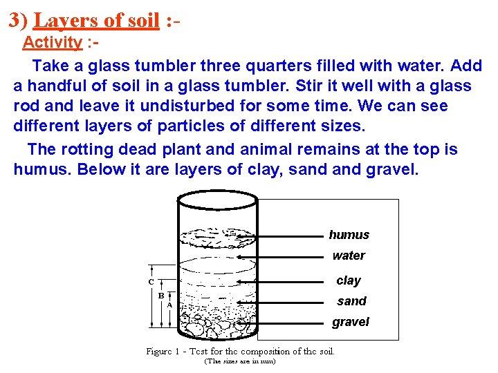 3) Layers of soil : Activity : Take a glass tumbler three quarters filled