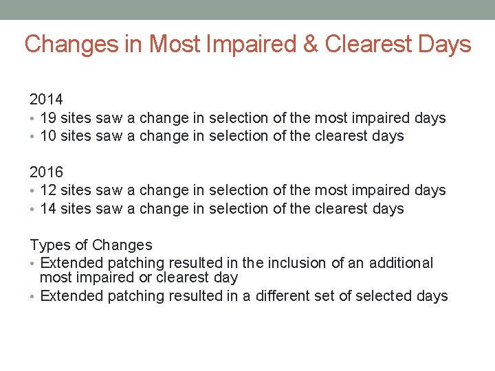 Changes in Most Impaired & Clearest Days 2014 • 19 sites saw a change
