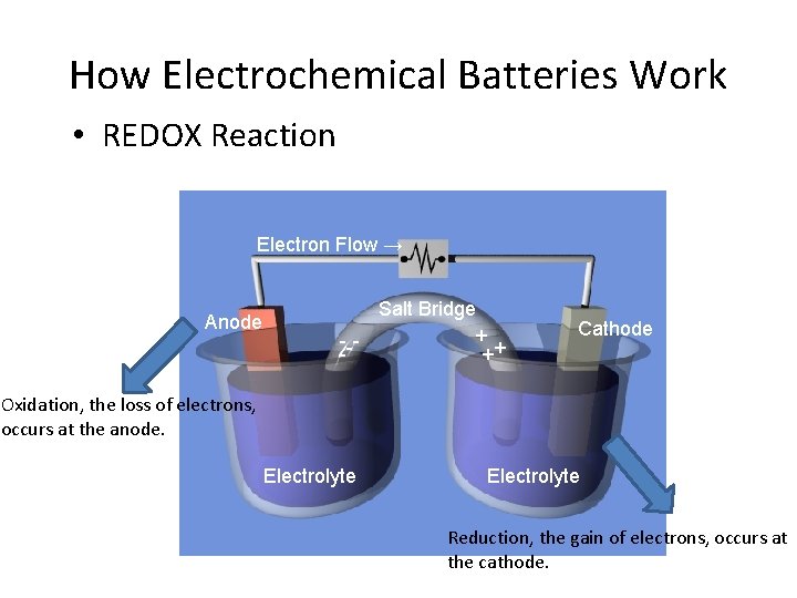 How Electrochemical Batteries Work • REDOX Reaction Electron Flow → Anode Salt Bridge +