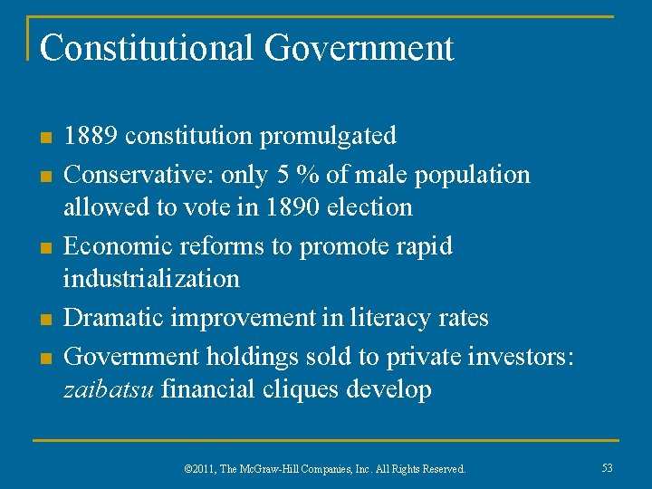 Constitutional Government n n n 1889 constitution promulgated Conservative: only 5 % of male