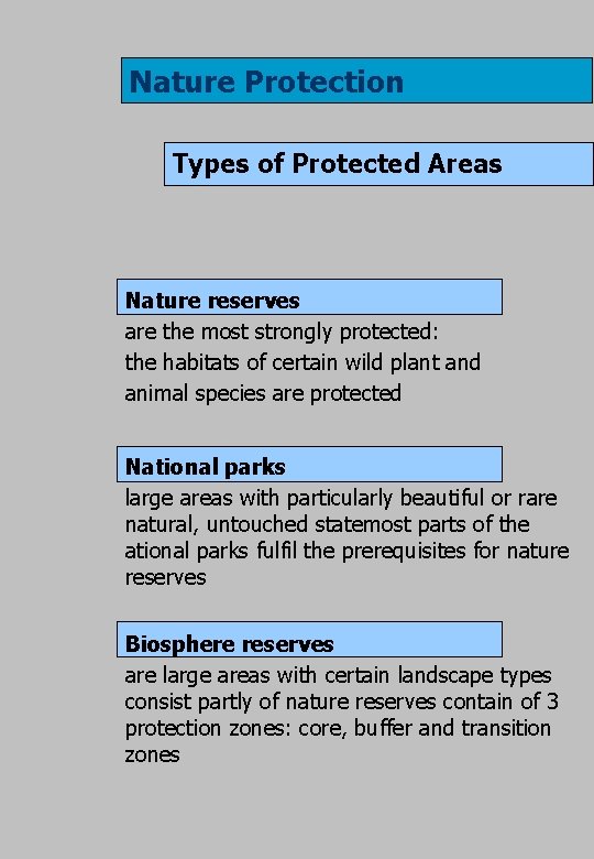 Nature Protection Types of Protected Areas Nature reserves are the most strongly protected: the