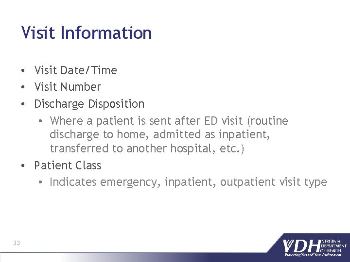 Visit Information • Visit Date/Time • Visit Number • Discharge Disposition • Where a