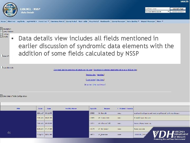 • Data details view includes all fields mentioned in earlier discussion of syndromic
