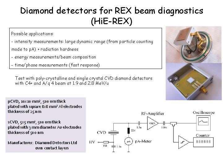 Diamond detectors for REX beam diagnostics (Hi. E-REX) Possible applications: - intensity measurements: large