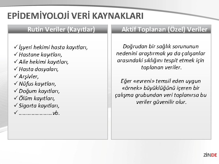 Rutin Veriler (Kayıtlar) ü İşyeri hekimi hasta kayıtları, ü Hastane kayıtları, ü Aile hekimi