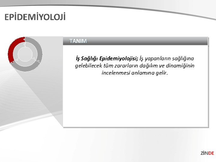 TANIM İş Sağlığı Epidemiyolojisi; İş yapanların sağlığına gelebilecek tüm zararların dağılım ve dinamiğinin incelenmesi