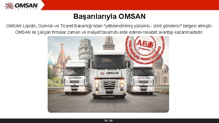 Başarılarıyla OMSAN Lojistik, Gümrük ve Ticaret Bakanlığı’ndan "yetkilendirilmiş yükümlü - izinli gönderici" belgesi almıştır.