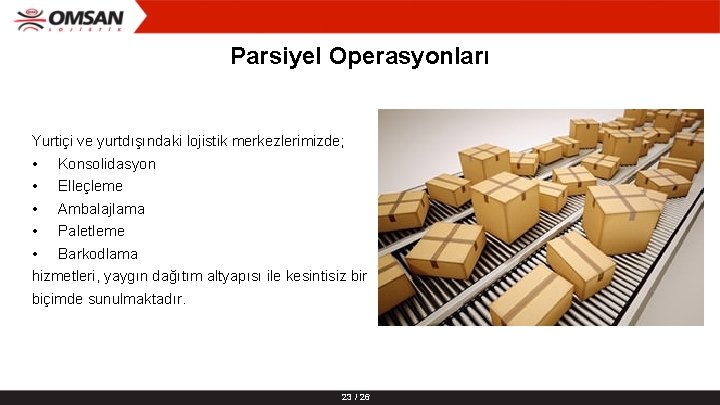 Parsiyel Operasyonları Yurtiçi ve yurtdışındaki lojistik merkezlerimizde; • Konsolidasyon • Elleçleme • Ambalajlama •