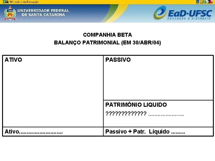 COMPANHIA BETA BALANÇO PATRIMONIAL (EM 30/ABR/04) ATIVO PASSIVO PATRIMÔNIO LIQUIDO ? ? ? ?