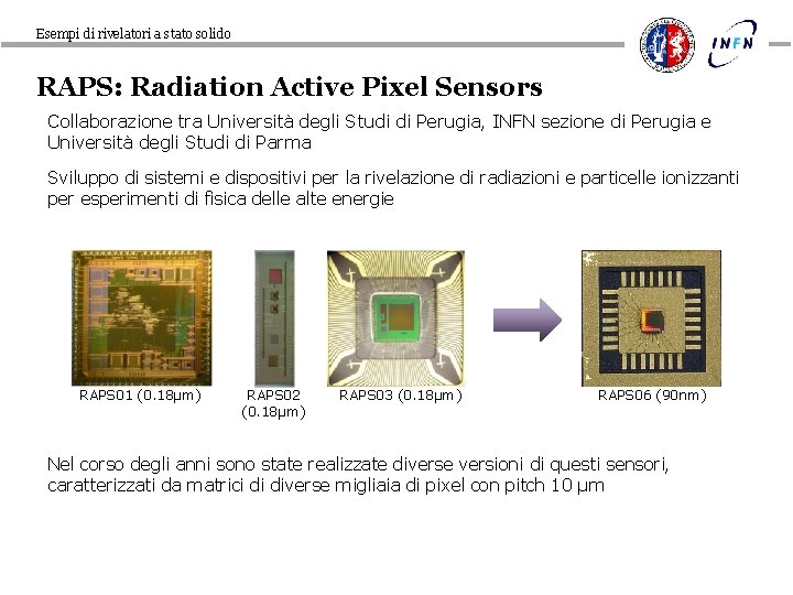 Esempi di rivelatori a stato solido RAPS: Radiation Active Pixel Sensors Collaborazione tra Università