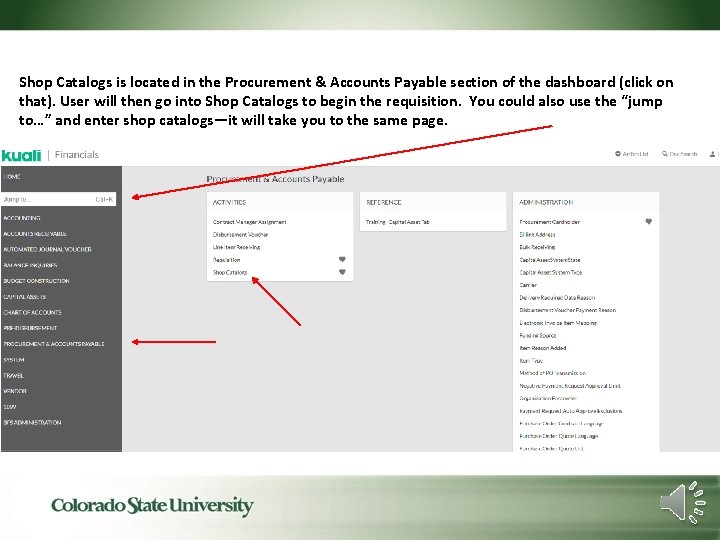 Shop Catalogs is located in the Procurement & Accounts Payable section of the dashboard