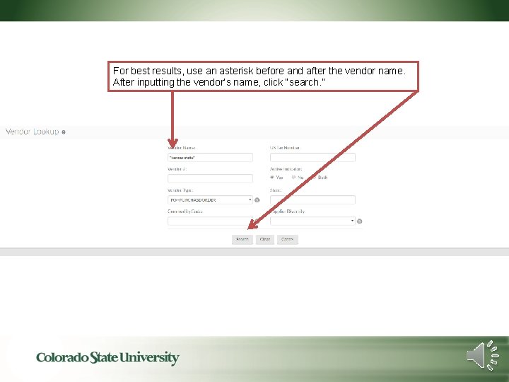 For best results, use an asterisk before and after the vendor name. After inputting