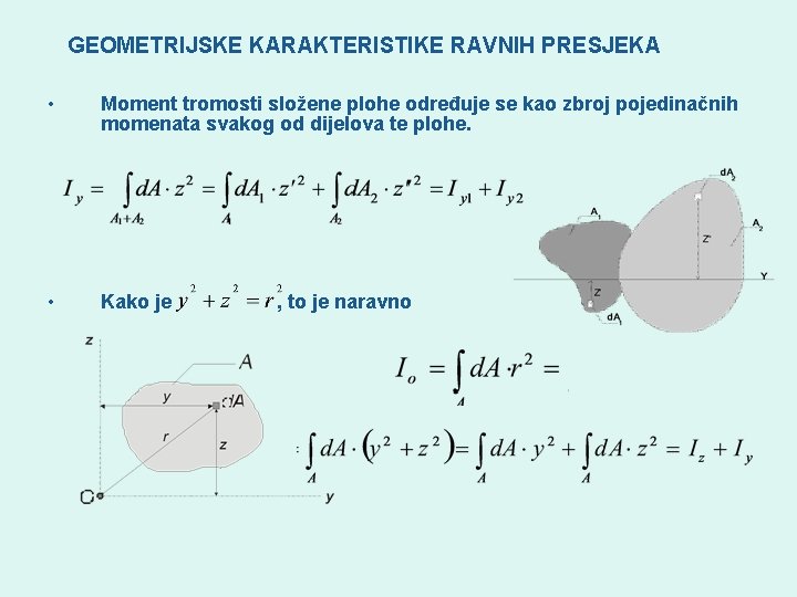 GEOMETRIJSKE KARAKTERISTIKE RAVNIH PRESJEKA • Moment tromosti složene plohe određuje se kao zbroj pojedinačnih