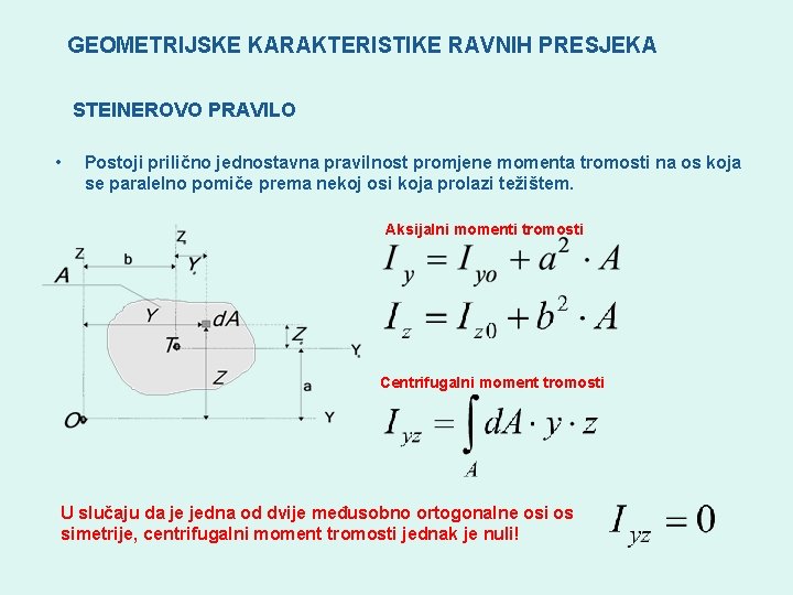 GEOMETRIJSKE KARAKTERISTIKE RAVNIH PRESJEKA STEINEROVO PRAVILO • Postoji prilično jednostavna pravilnost promjene momenta tromosti