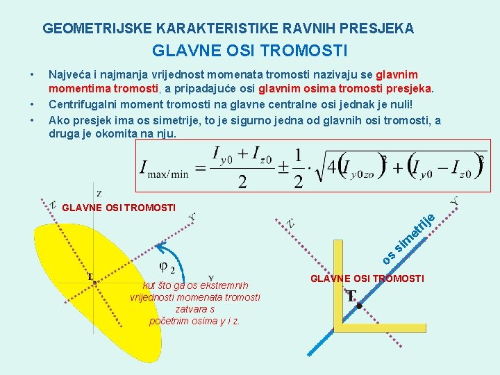 GEOMETRIJSKE KARAKTERISTIKE RAVNIH PRESJEKA GLAVNE OSI TROMOSTI • • • Najveća i najmanja vrijednost