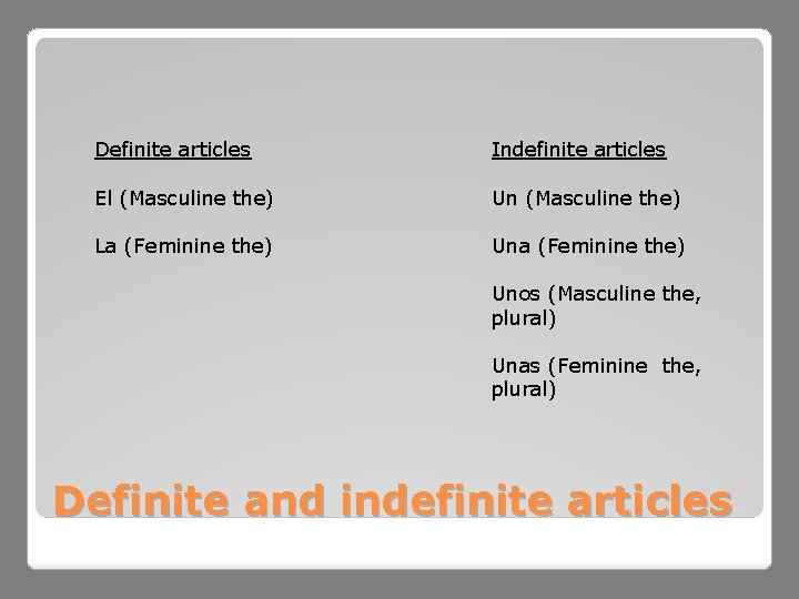 Definite articles Indefinite articles El (Masculine the) Un (Masculine the) La (Feminine the) Unos