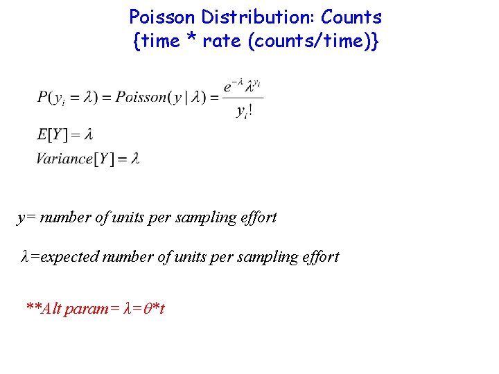 Poisson Distribution: Counts {time * rate (counts/time)} y= number of units per sampling effort