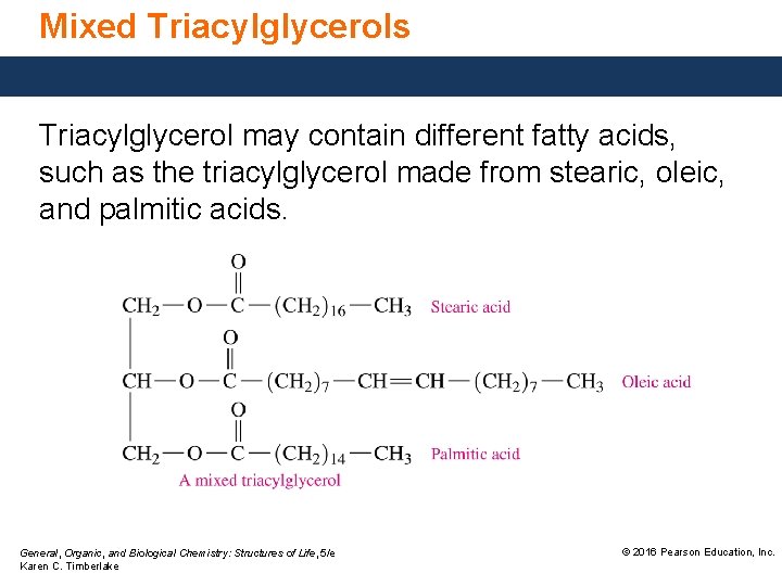 Mixed Triacylglycerols Triacylglycerol may contain different fatty acids, such as the triacylglycerol made from