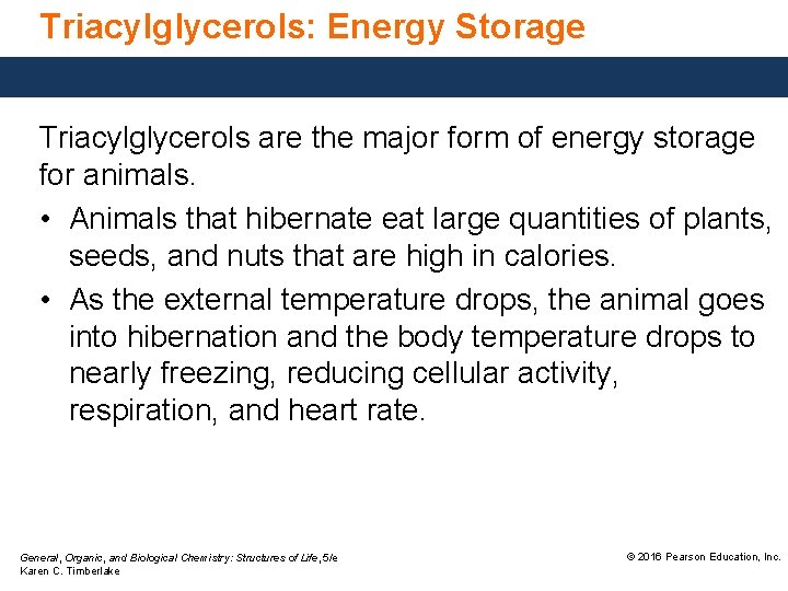 Triacylglycerols: Energy Storage Triacylglycerols are the major form of energy storage for animals. •