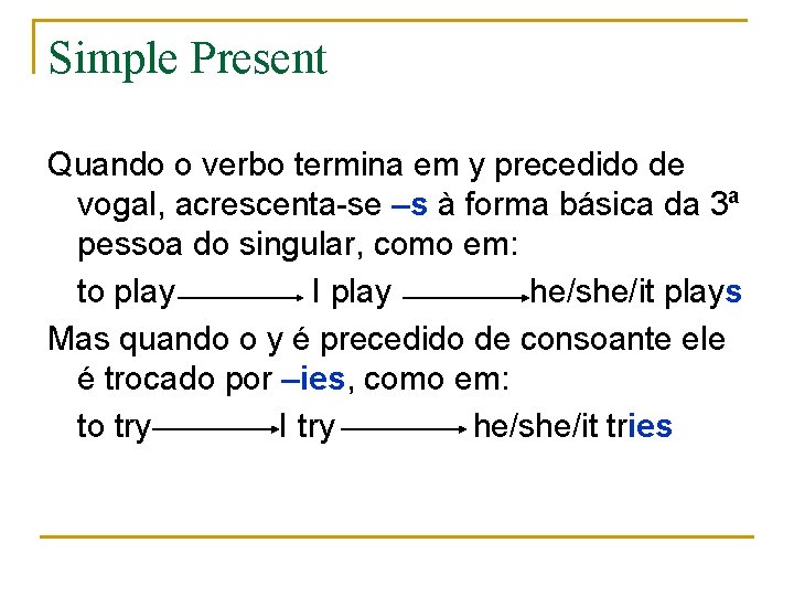 Simple Present Quando o verbo termina em y precedido de vogal, acrescenta-se –s à