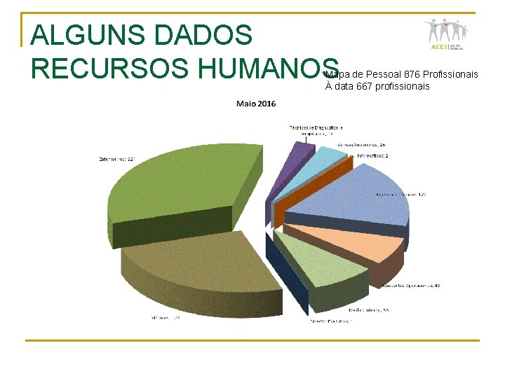 ALGUNS DADOS RECURSOS HUMANOS Mapa de Pessoal 876 Profissionais À data 667 profissionais 