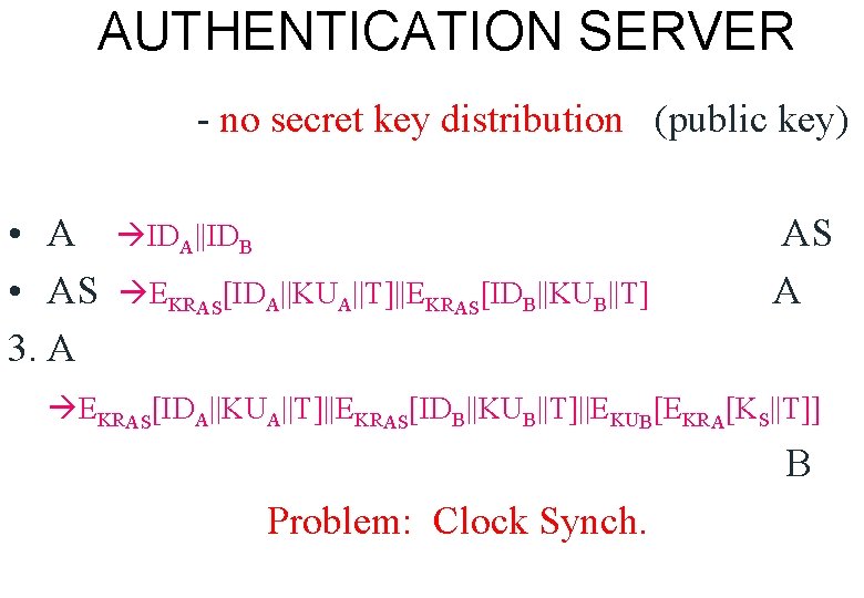 AUTHENTICATION SERVER - no secret key distribution (public key) • AS 3. A IDA||IDB