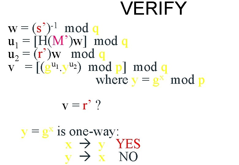 VERIFY -1 (s’) w= mod q u 1 = [H(M’)w] mod q u 2