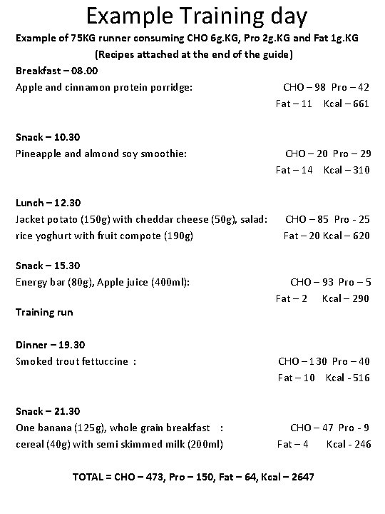 Example Training day Example of 75 KG runner consuming CHO 6 g. KG, Pro