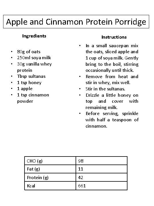 Apple and Cinnamon Protein Porridge Ingredients • 80 g of oats • 250 ml
