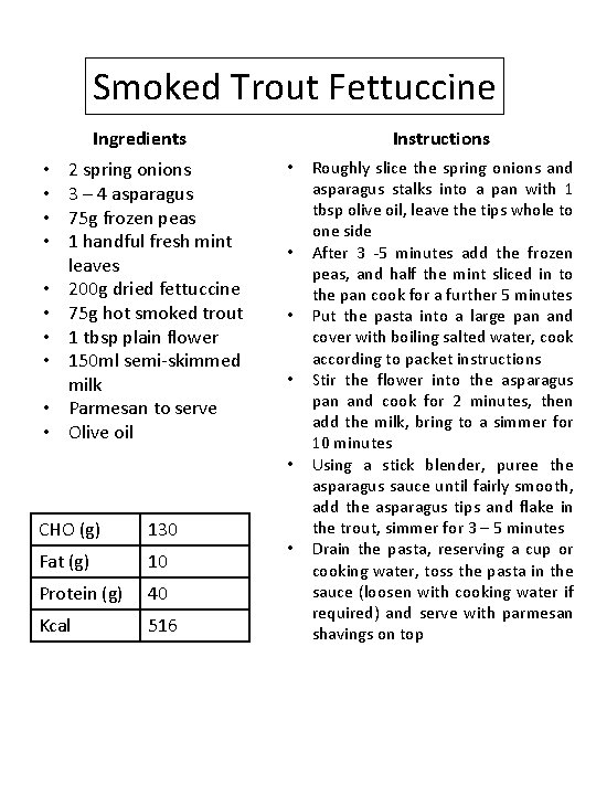 Smoked Trout Fettuccine Ingredients • • • 2 spring onions 3 – 4 asparagus