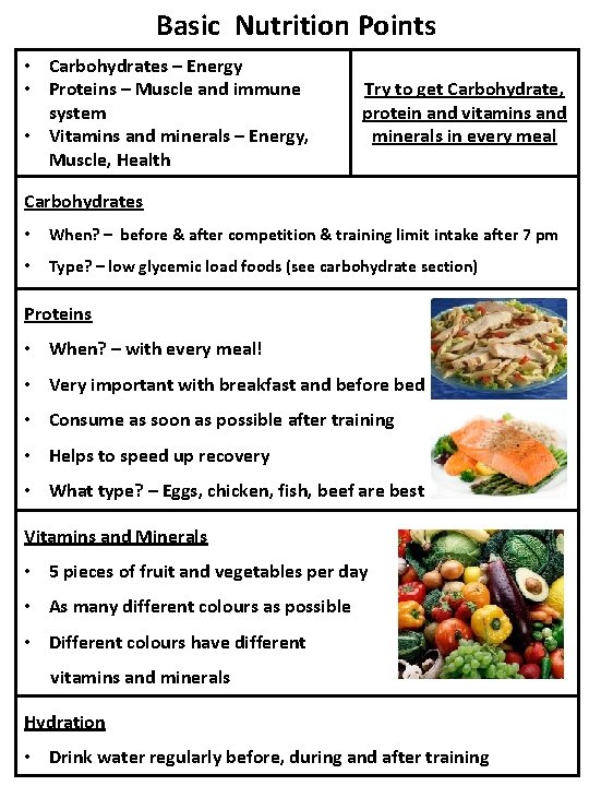 Basic Nutrition Points • Carbohydrates – Energy • Proteins – Muscle and immune system