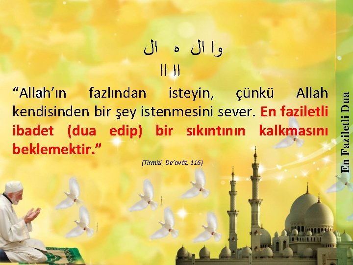 “Allah’ın fazlından isteyin, çünkü Allah kendisinden bir şey istenmesini sever. En faziletli ibadet (dua