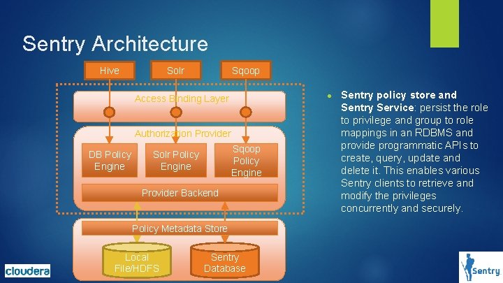 Sentry Architecture Sqoop Solr Hive ● Access Binding Layer Authorization Provider DB Policy Engine Sentry Architecture Sqoop Solr Hive ● Access Binding Layer Authorization Provider DB Policy Engine