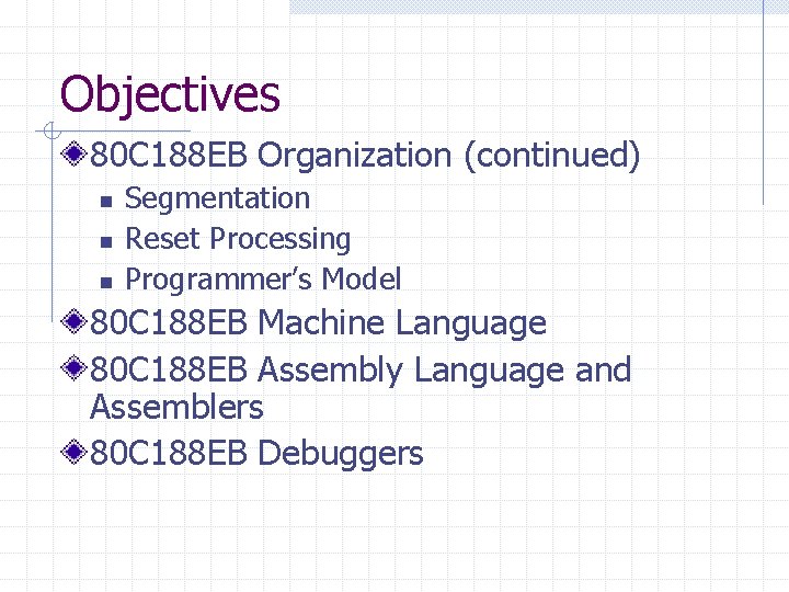 Objectives 80 C 188 EB Organization (continued) n n n Segmentation Reset Processing Programmer’s