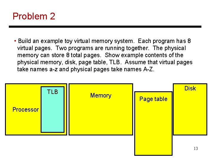 Problem 2 • Build an example toy virtual memory system. Each program has 8