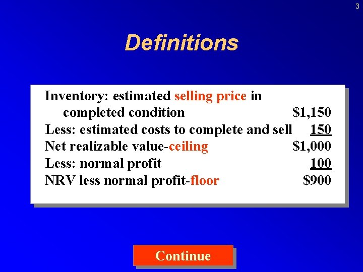 3 Definitions Inventory: estimated selling price in completed condition $1, 150 Less: estimated costs