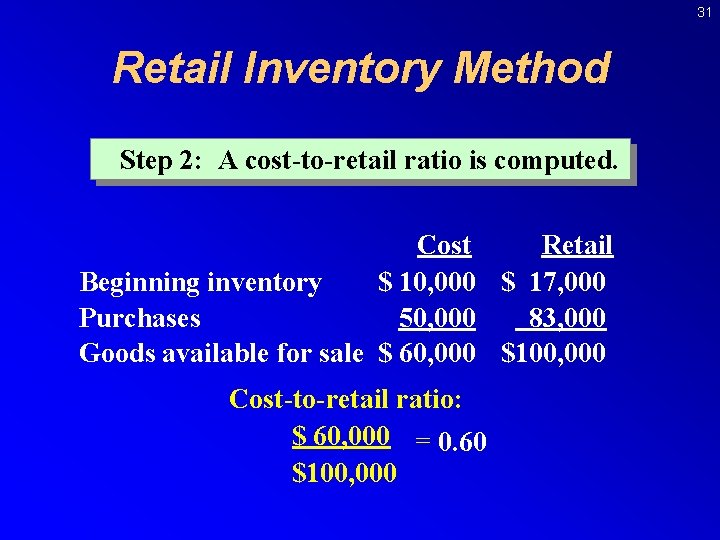 31 Retail Inventory Method Step 2: A cost-to-retail ratioisiscomputed. Cost Retail Beginning inventory $