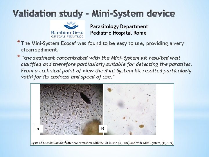 Parasitology Department Pediatric Hospital Rome * The Mini-System Ecosaf was found to be easy