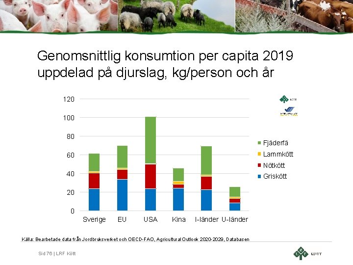 Genomsnittlig konsumtion per capita 2019 uppdelad på djurslag, kg/person och år 120 100 80