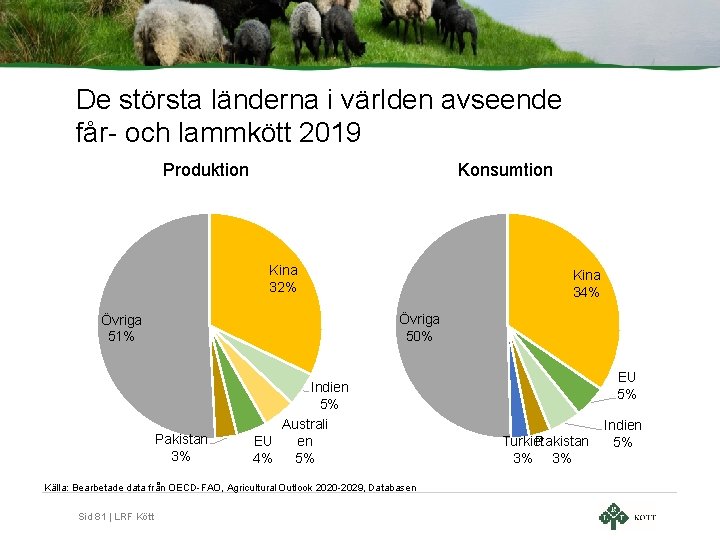 De största länderna i världen avseende får- och lammkött 2019 Produktion Konsumtion Kina 32%