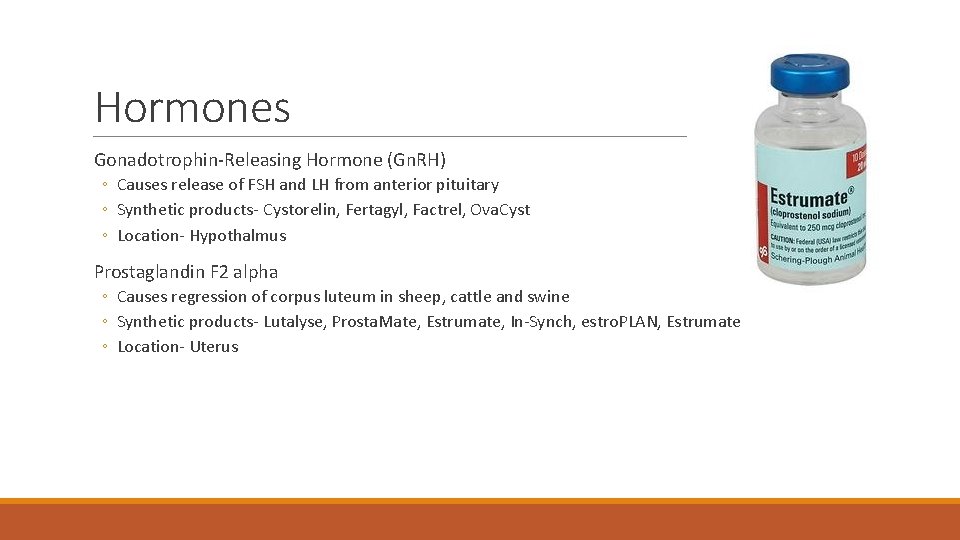 Hormones Gonadotrophin-Releasing Hormone (Gn. RH) ◦ Causes release of FSH and LH from anterior