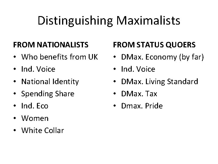 Distinguishing Maximalists FROM NATIONALISTS • Who benefits from UK • Ind. Voice • National