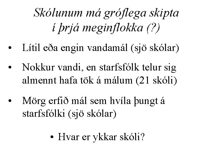 Skólunum má gróflega skipta í þrjá meginflokka (? ) • Lítil eða engin vandamál